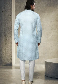 Printed Art Silk Kurta Set in Sky Blue