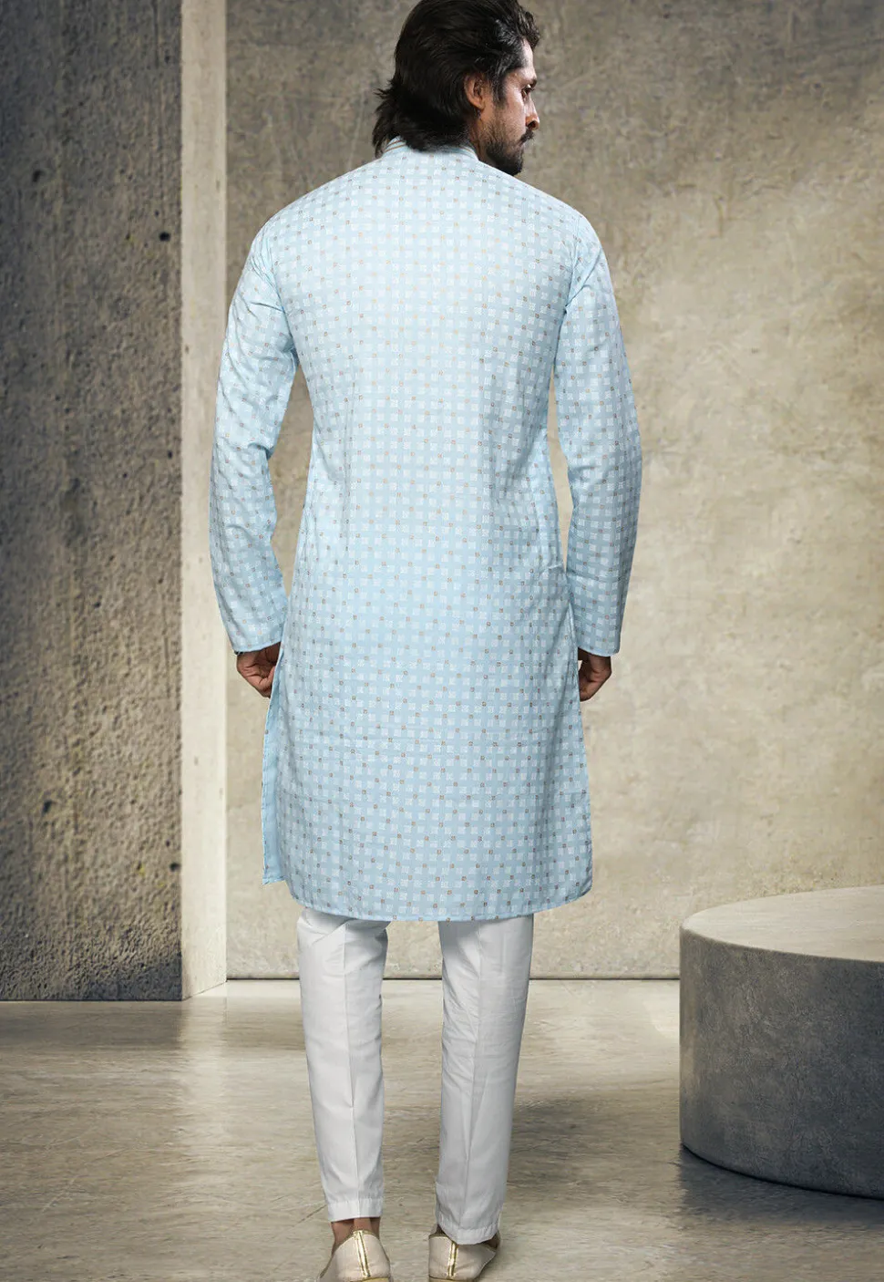 Printed Art Silk Kurta Set in Sky Blue