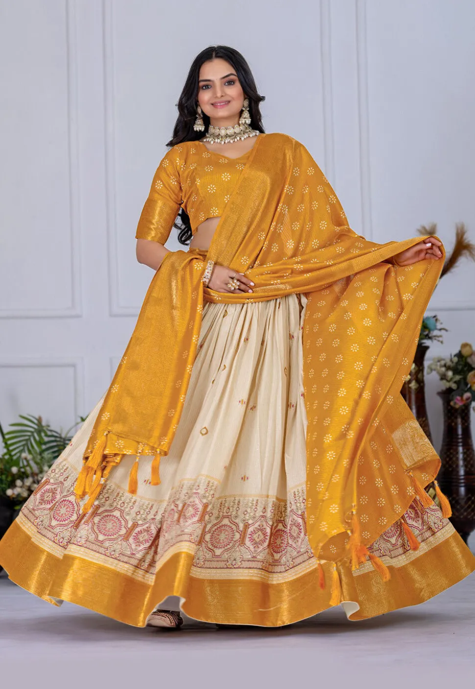 Printed Art Silk Lehenga in Cream