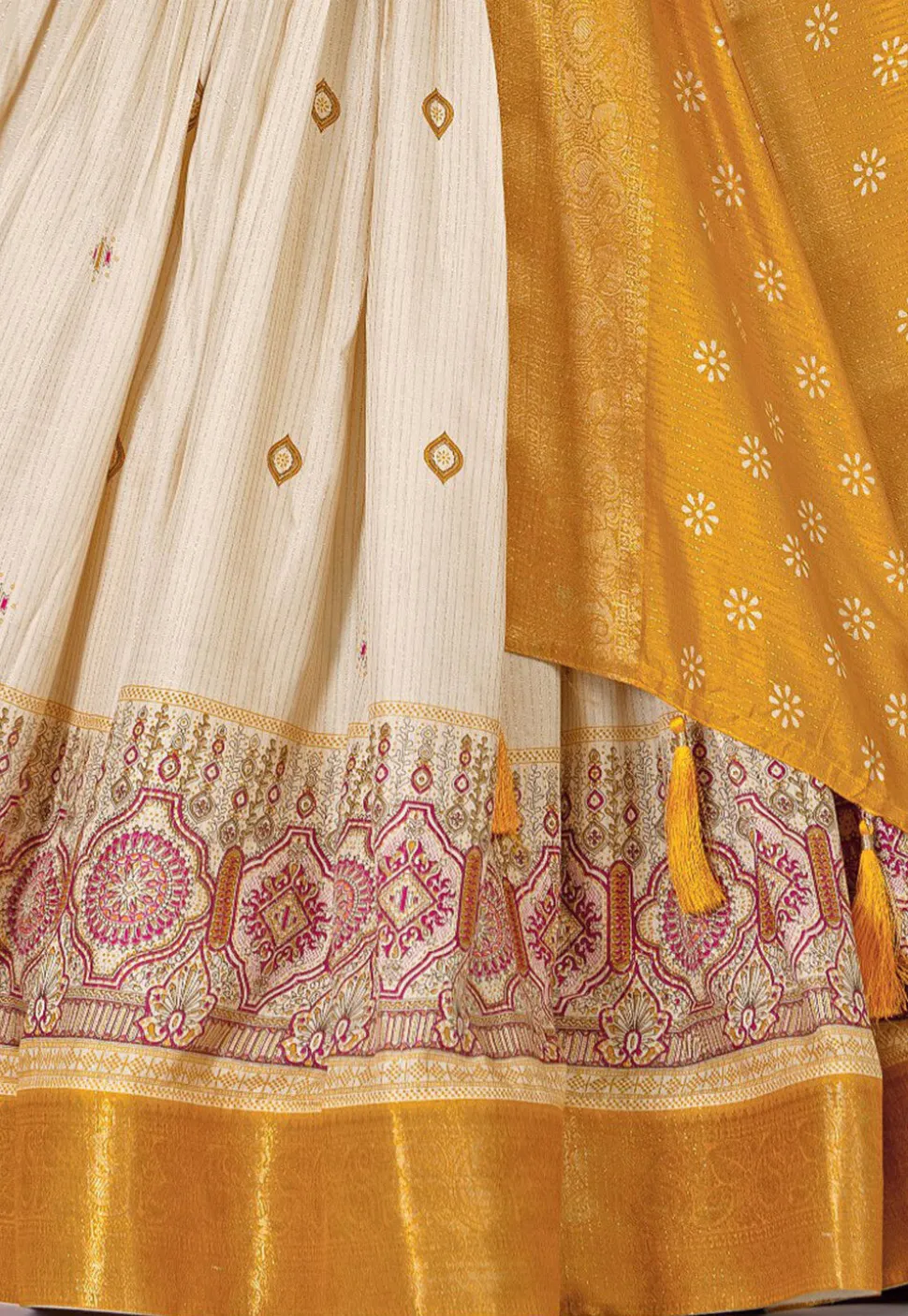 Printed Art Silk Lehenga in Cream