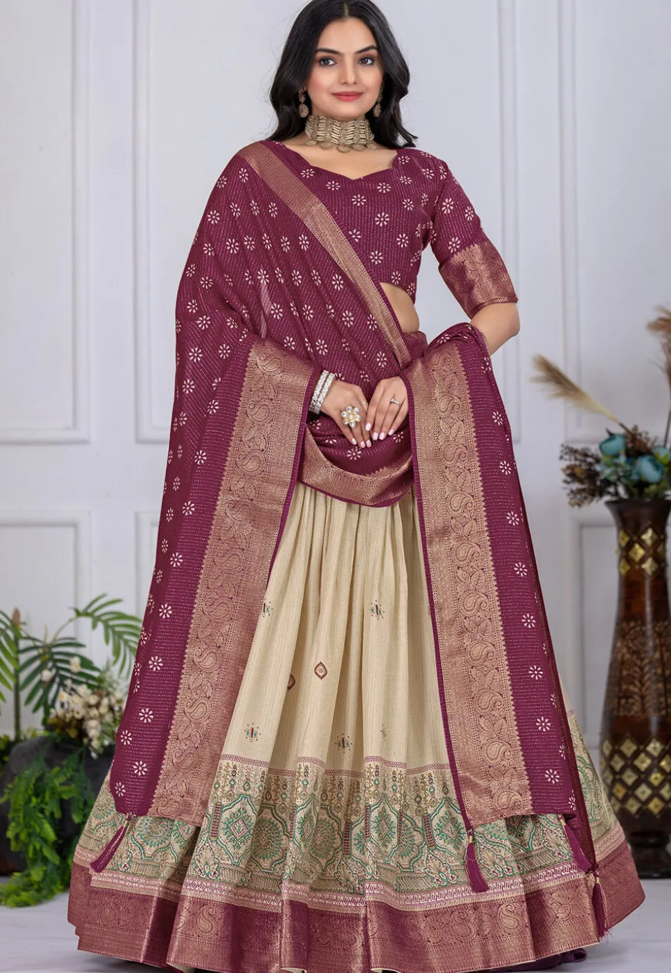 Printed Art Silk Lehenga in Cream