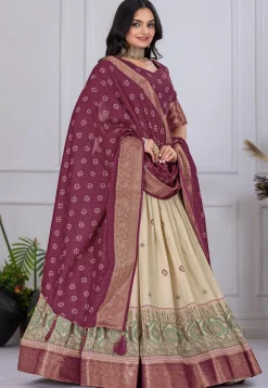 Printed Art Silk Lehenga in Cream
