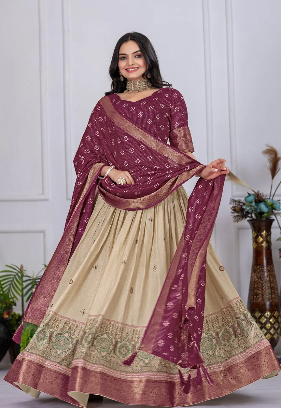 Printed Art Silk Lehenga in Cream