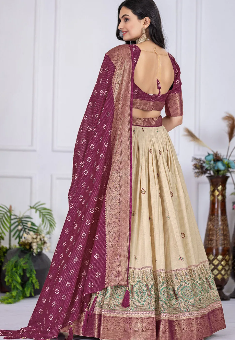 Printed Art Silk Lehenga in Cream
