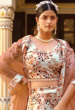 Printed Art Silk Lehenga in Cream
