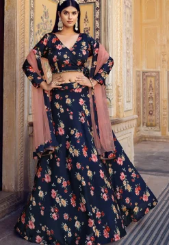 Printed Art Silk Lehenga in Navy Blue
