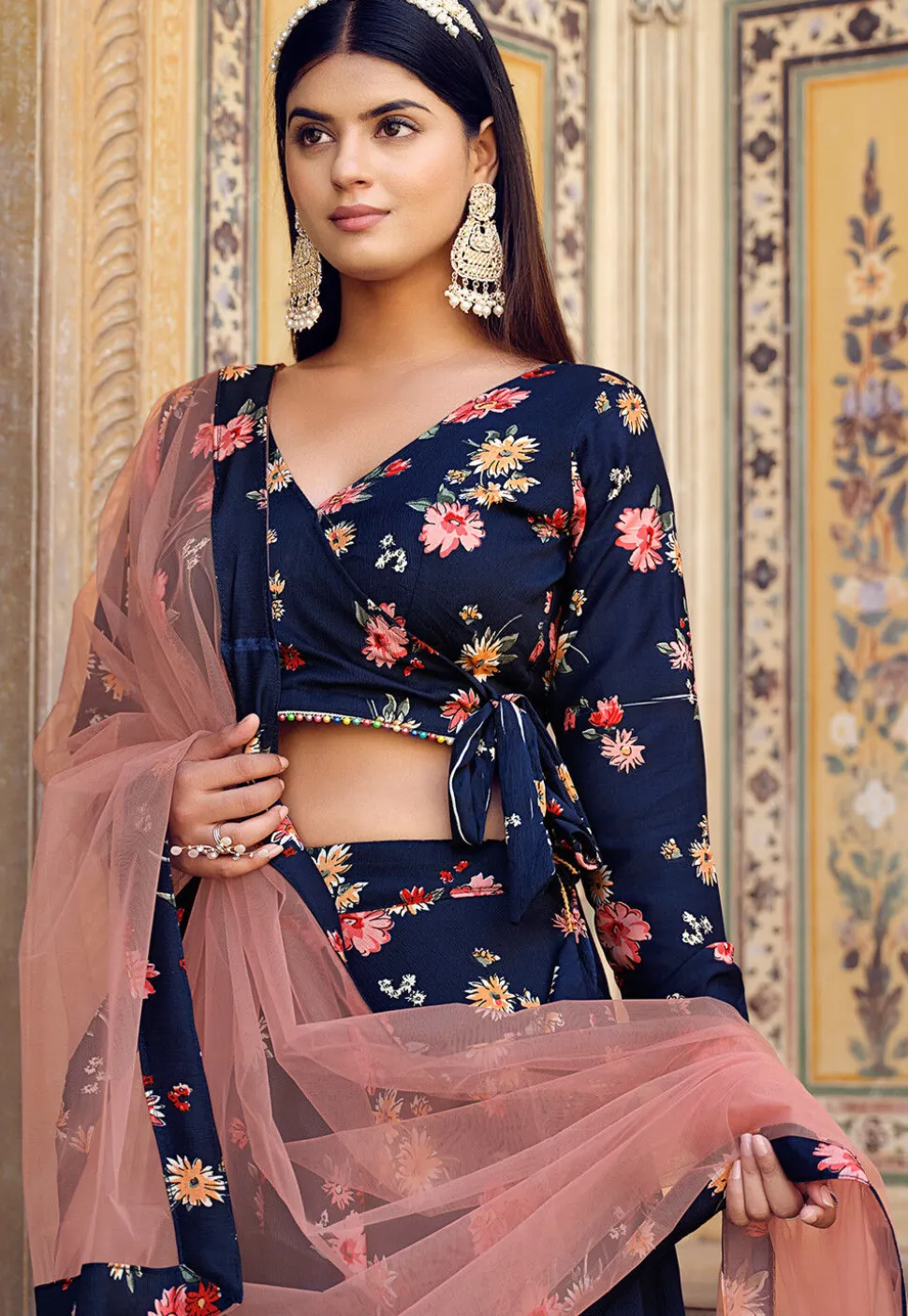 Printed Art Silk Lehenga in Navy Blue
