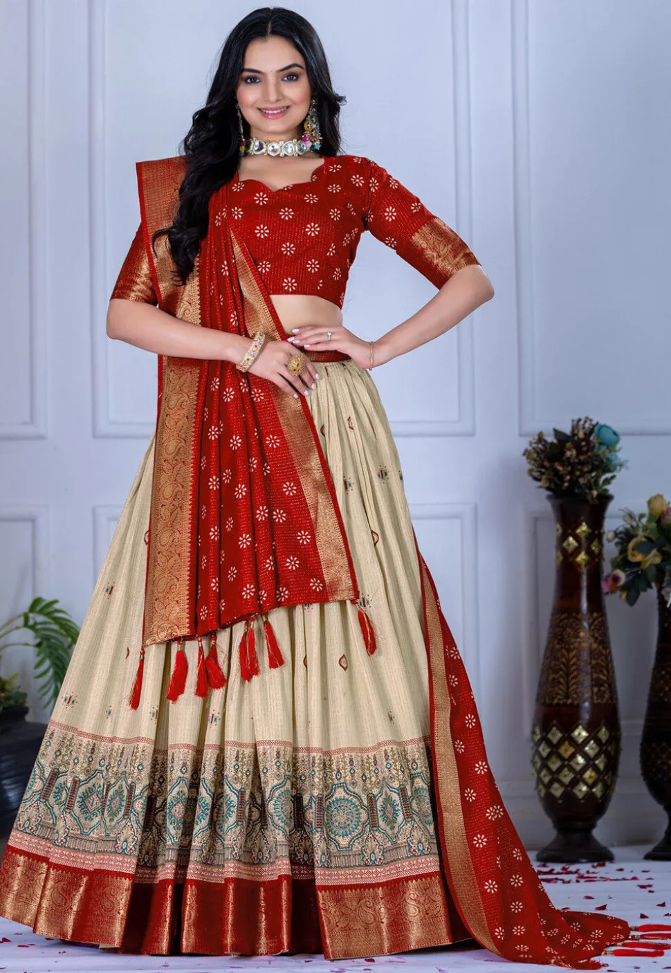 Printed Art Silk Lehenga in Cream