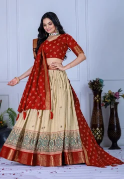 Printed Art Silk Lehenga in Cream