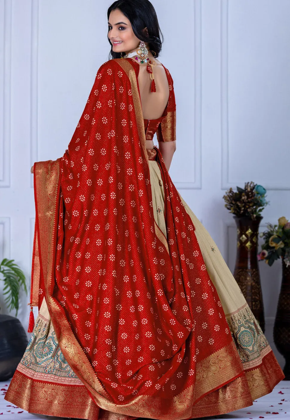 Printed Art Silk Lehenga in Cream