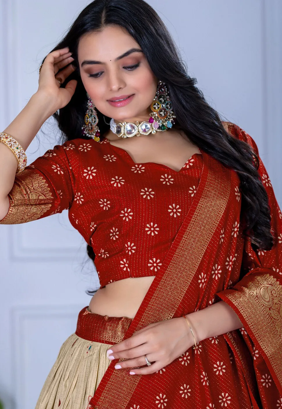 Printed Art Silk Lehenga in Cream