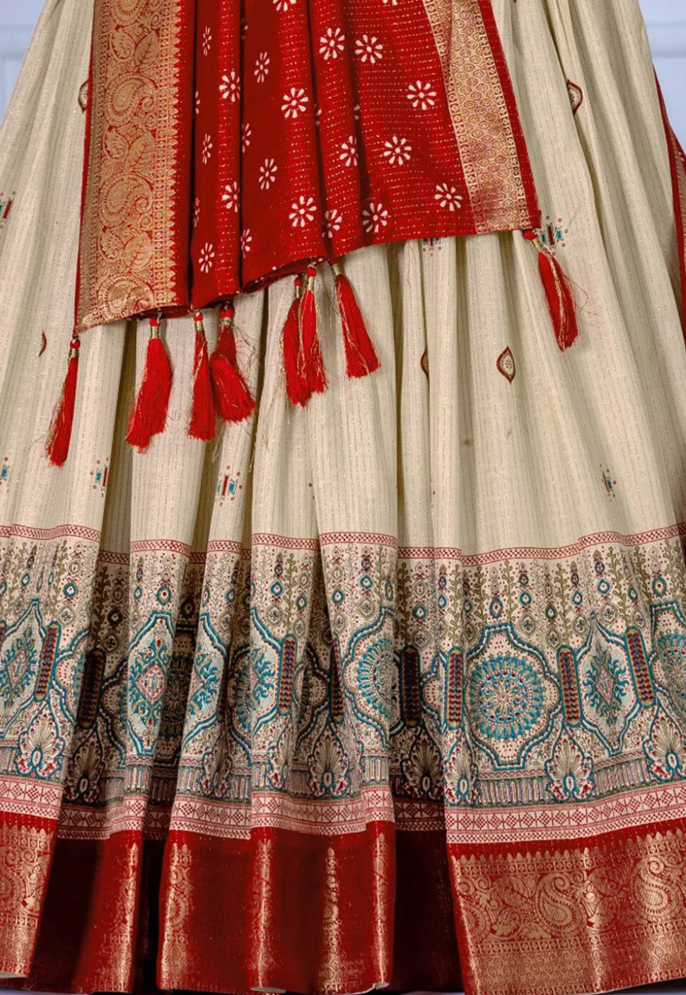 Printed Art Silk Lehenga in Cream