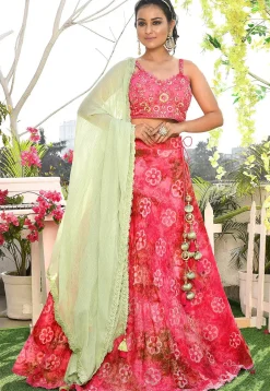Printed Art Silk Lehenga in Coral Pink