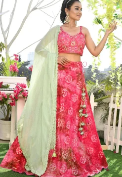 Printed Art Silk Lehenga in Coral Pink