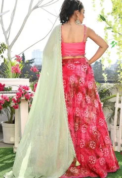 Printed Art Silk Lehenga in Coral Pink