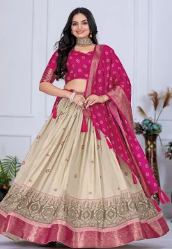 Printed Art Silk Lehenga in Cream