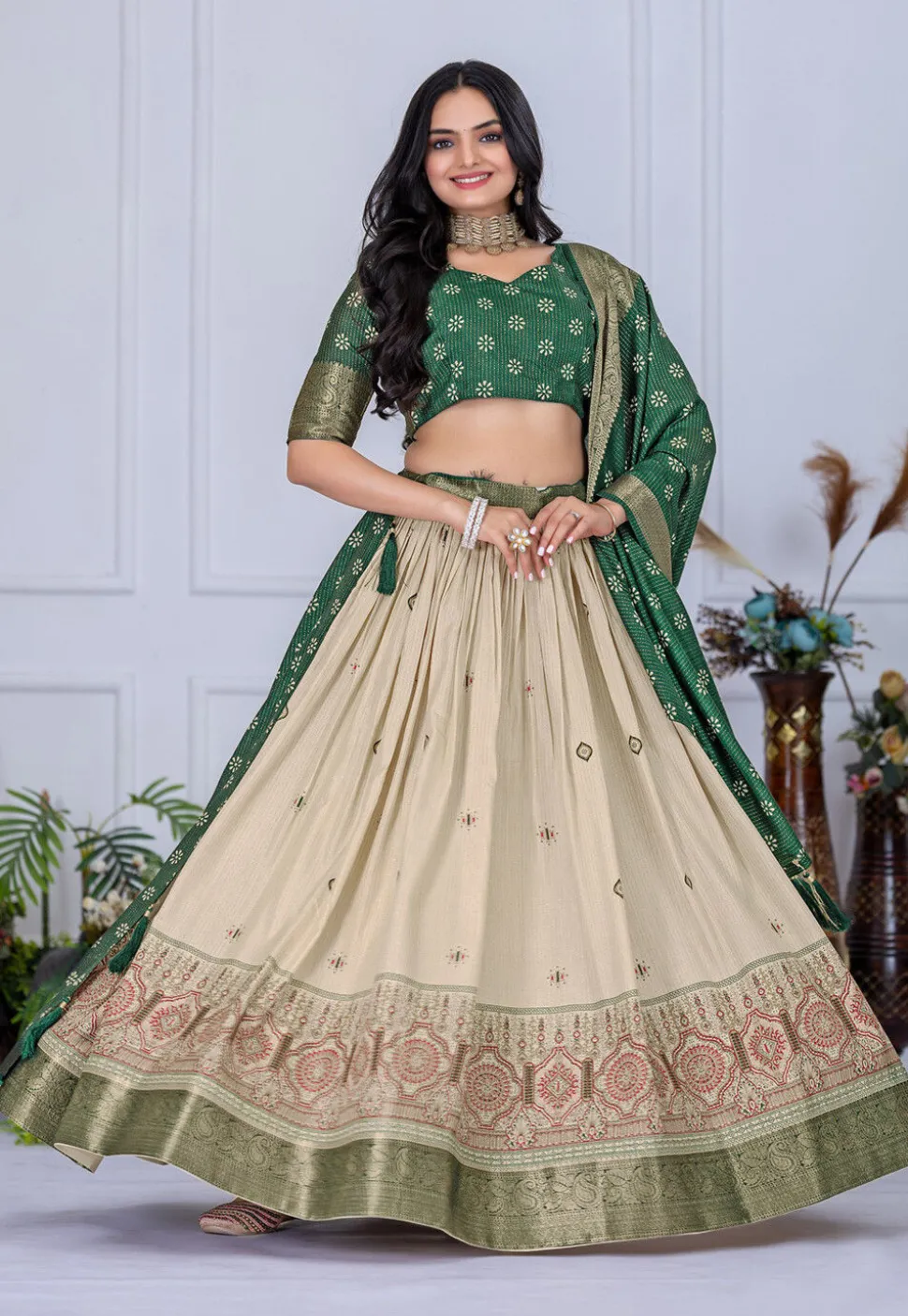 Printed Art Silk Lehenga in Cream