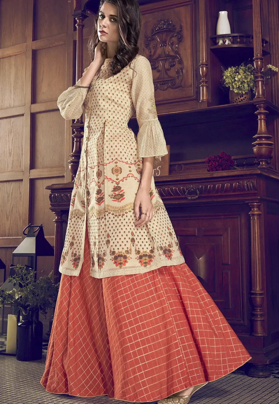 Printed Art Silk Lehenga in Cream