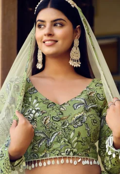 Printed Art Silk Lehenga in Green