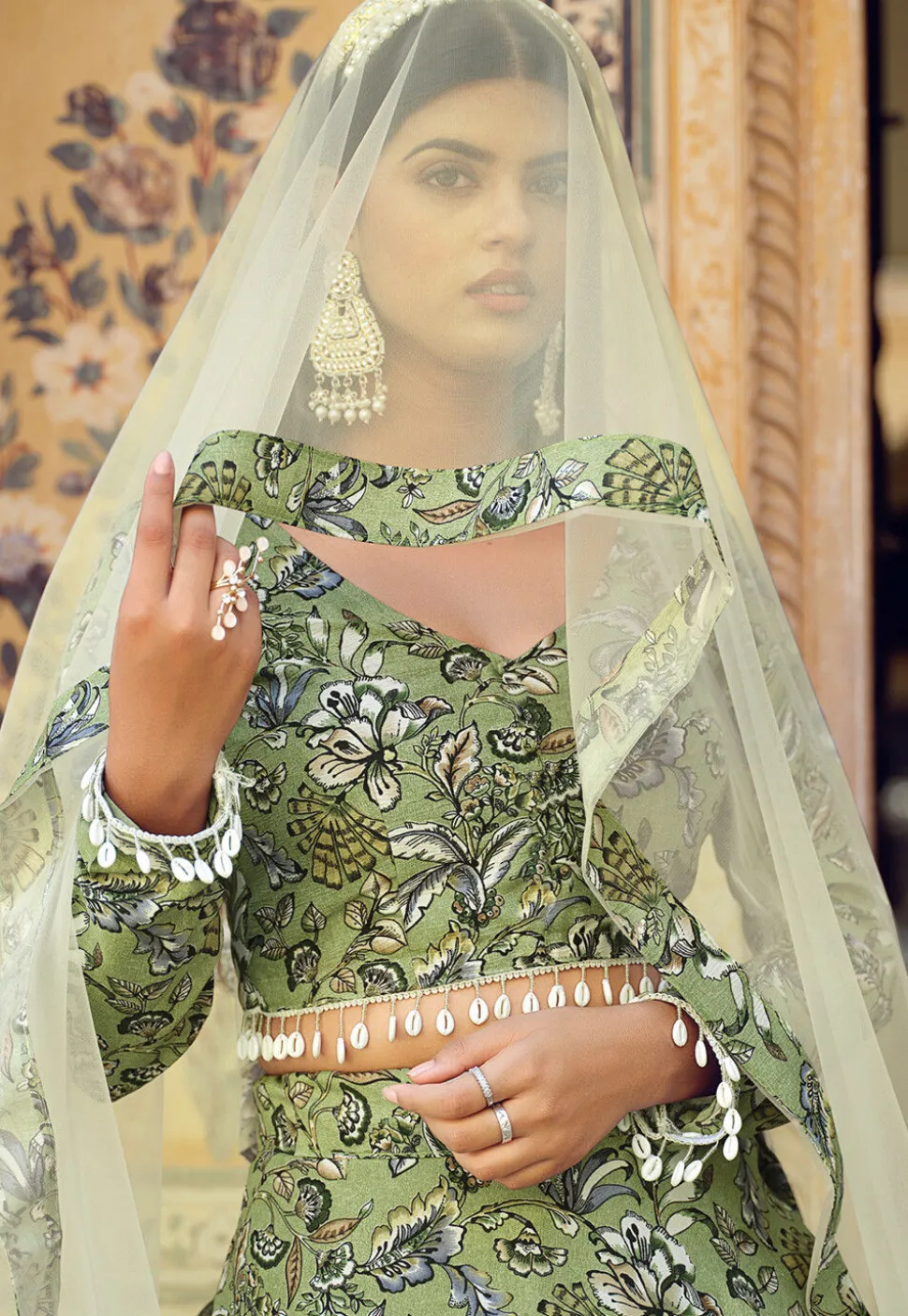 Printed Art Silk Lehenga in Green