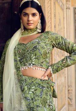 Printed Art Silk Lehenga in Green