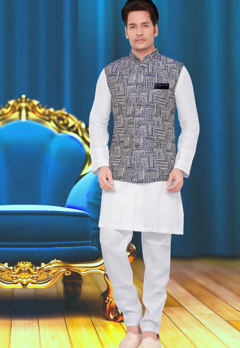 Printed Art Silk Nehru Jacket in Navy Blue