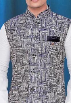 Printed Art Silk Nehru Jacket in Navy Blue