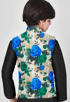 Printed Art Silk Nehru Jacket in Beige