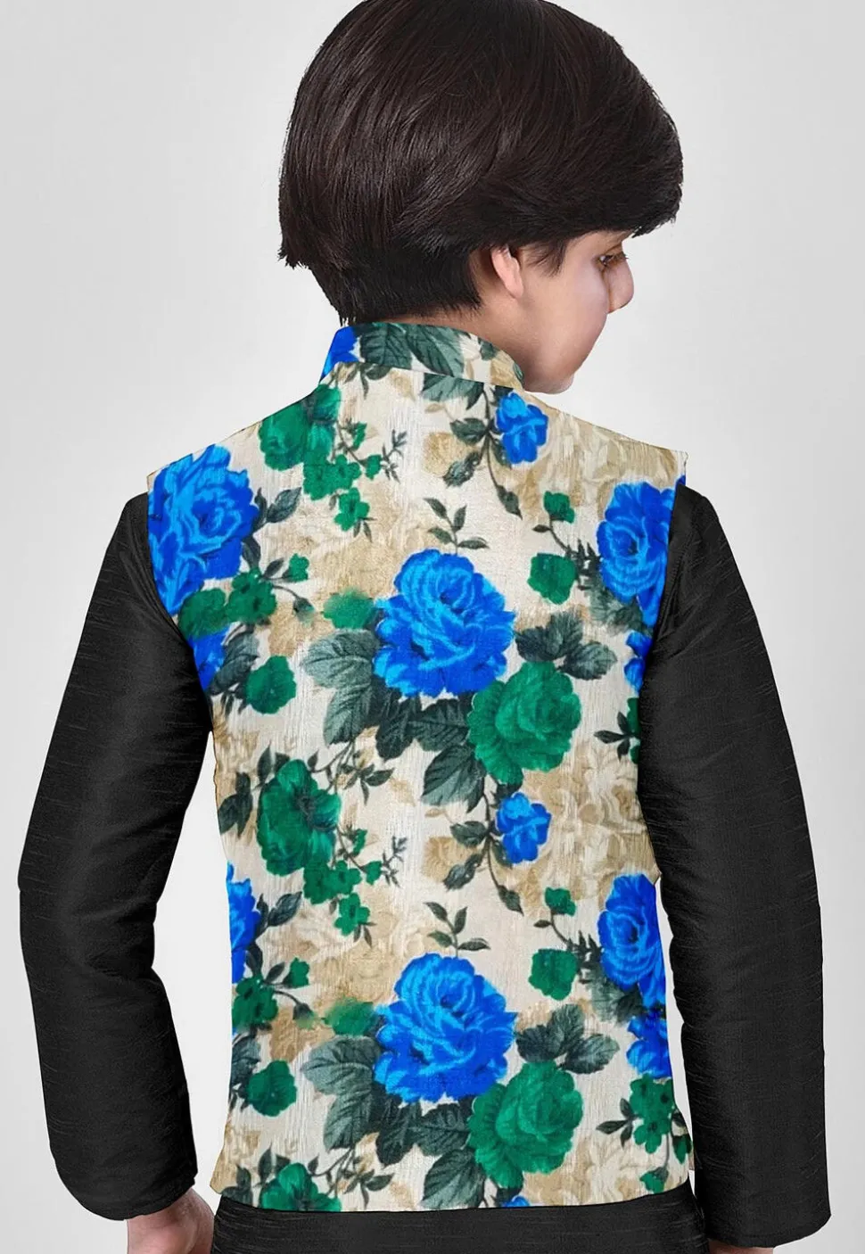 Printed Art Silk Nehru Jacket in Beige