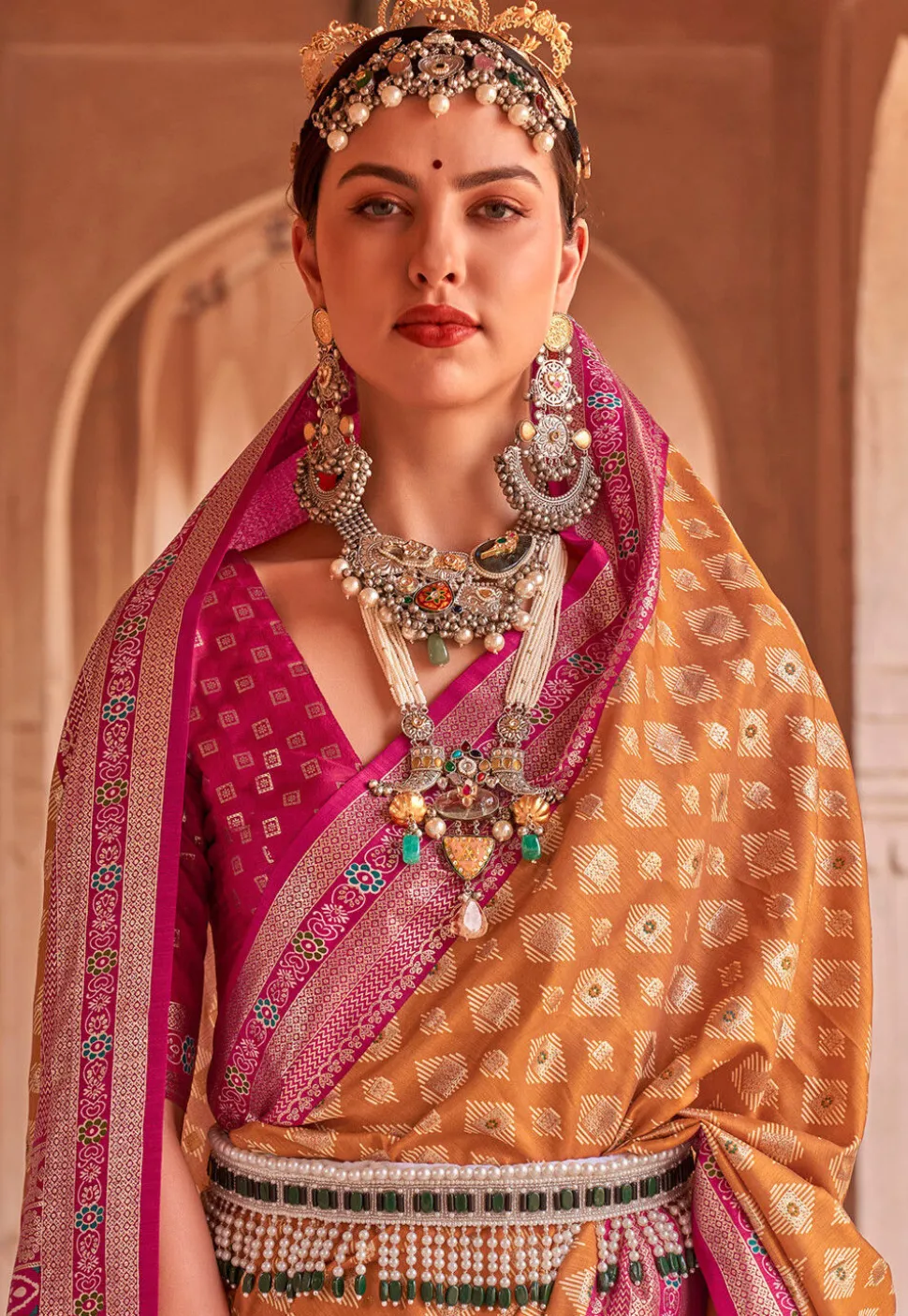 Printed Art Silk Saree in Dark Mustard