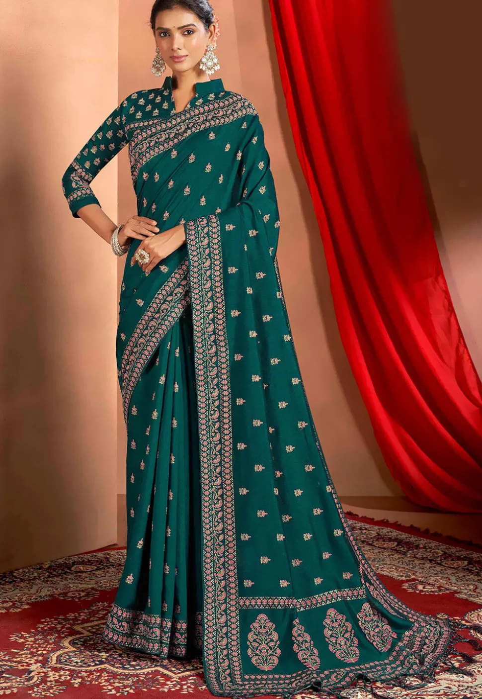 Printed Art Silk Saree in Teal Green