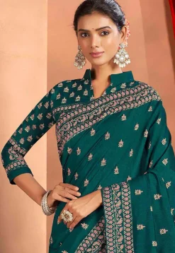 Printed Art Silk Saree in Teal Green
