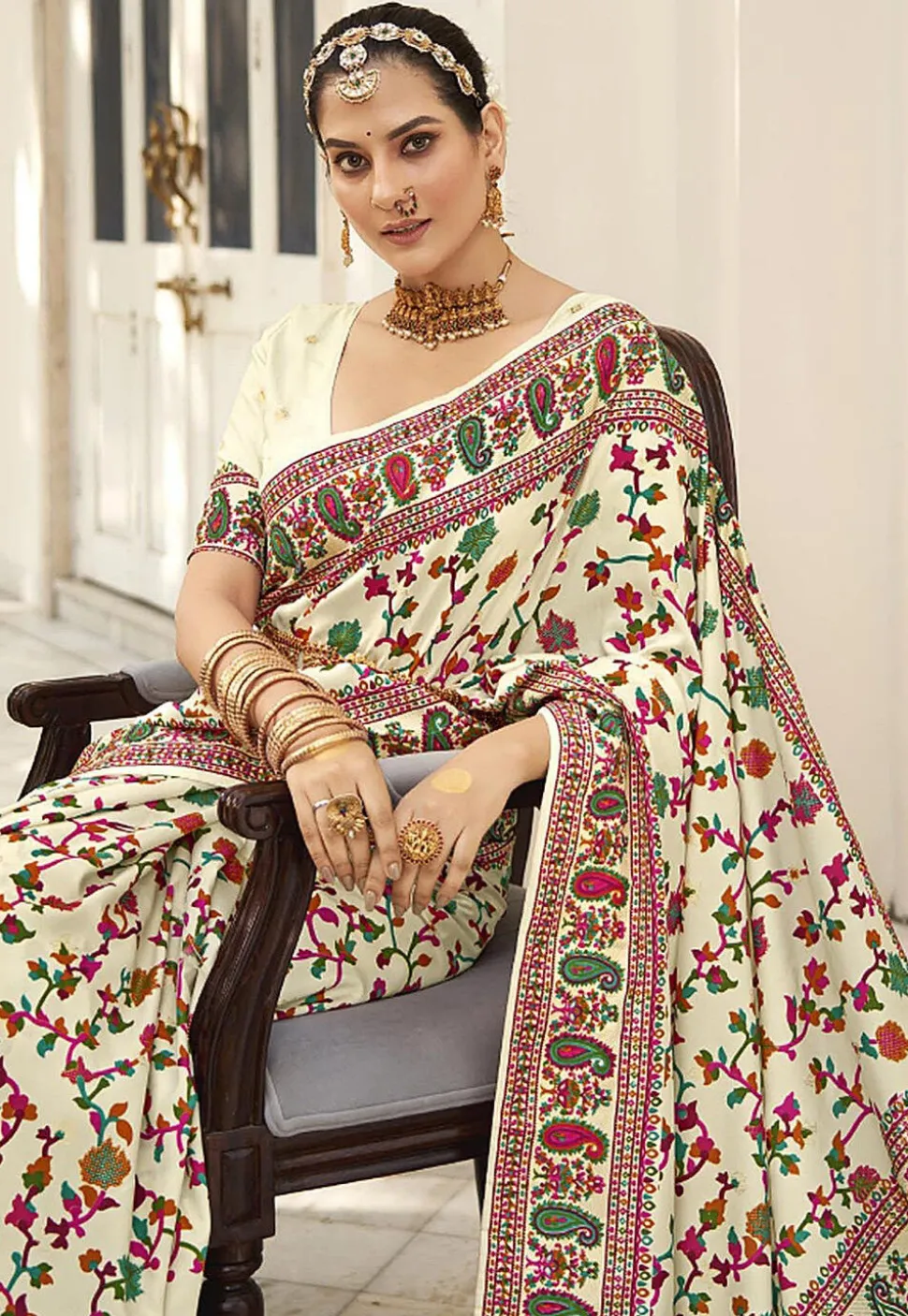 Printed Art Silk Saree in Cream