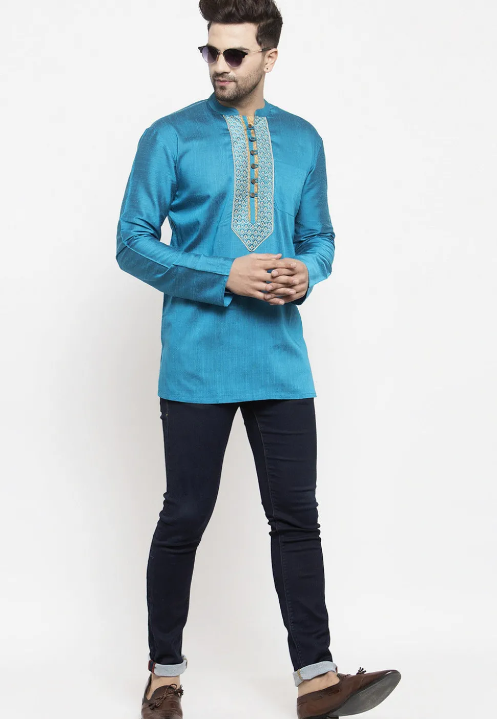 Printed Art Silk Short Kurta in Light Blue