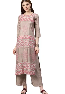 Printed Art Silk Straight Kurta in Beige