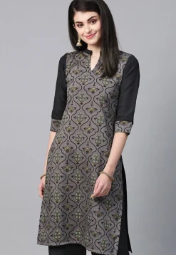 Printed Art Silk Straight Kurta in Grey and Black
