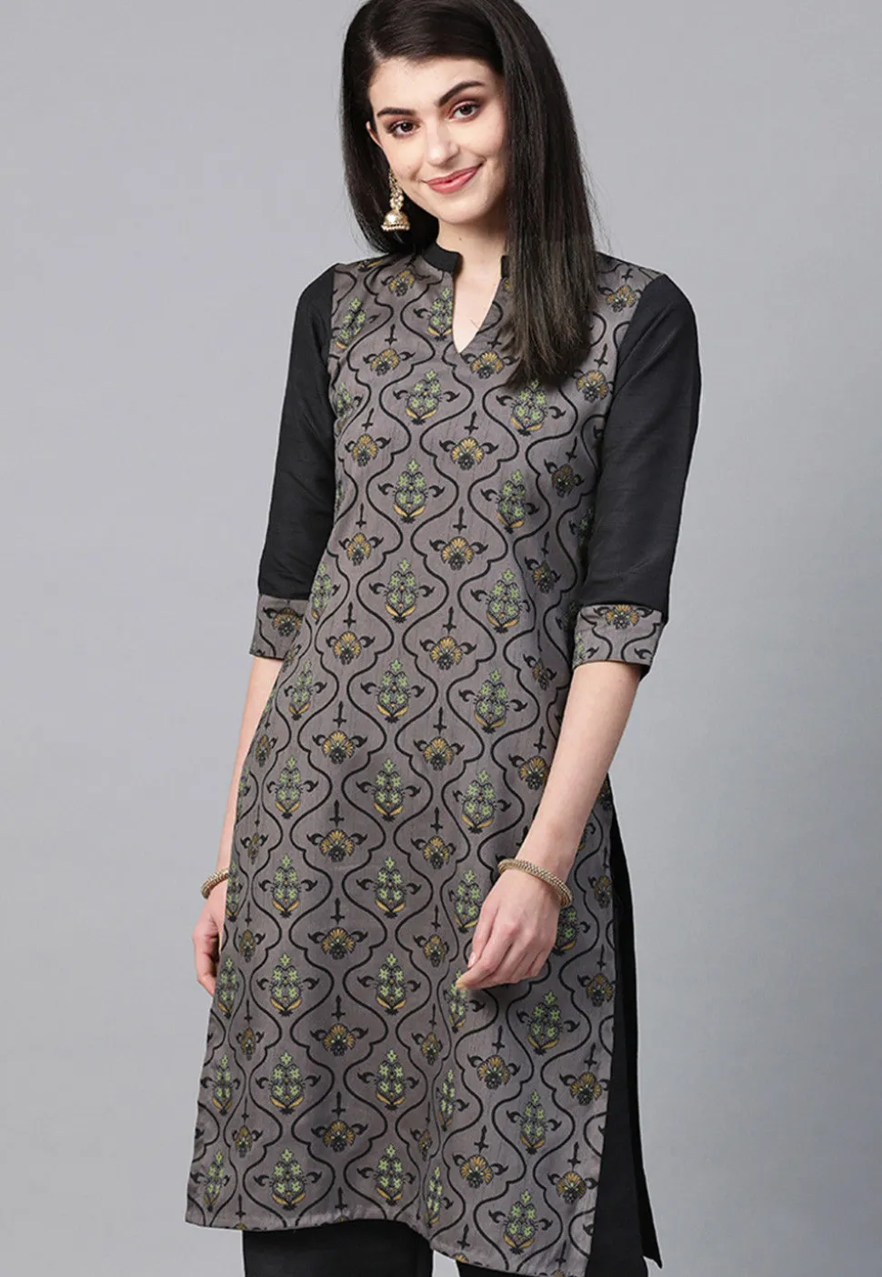 Printed Art Silk Straight Kurta in Grey and Black