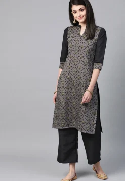 Printed Art Silk Straight Kurta in Grey and Black