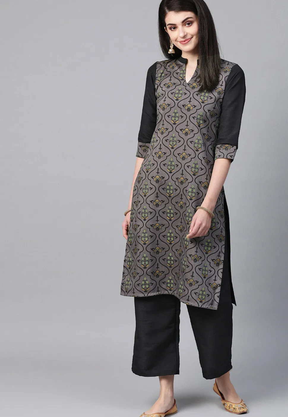 Printed Art Silk Straight Kurta in Grey and Black