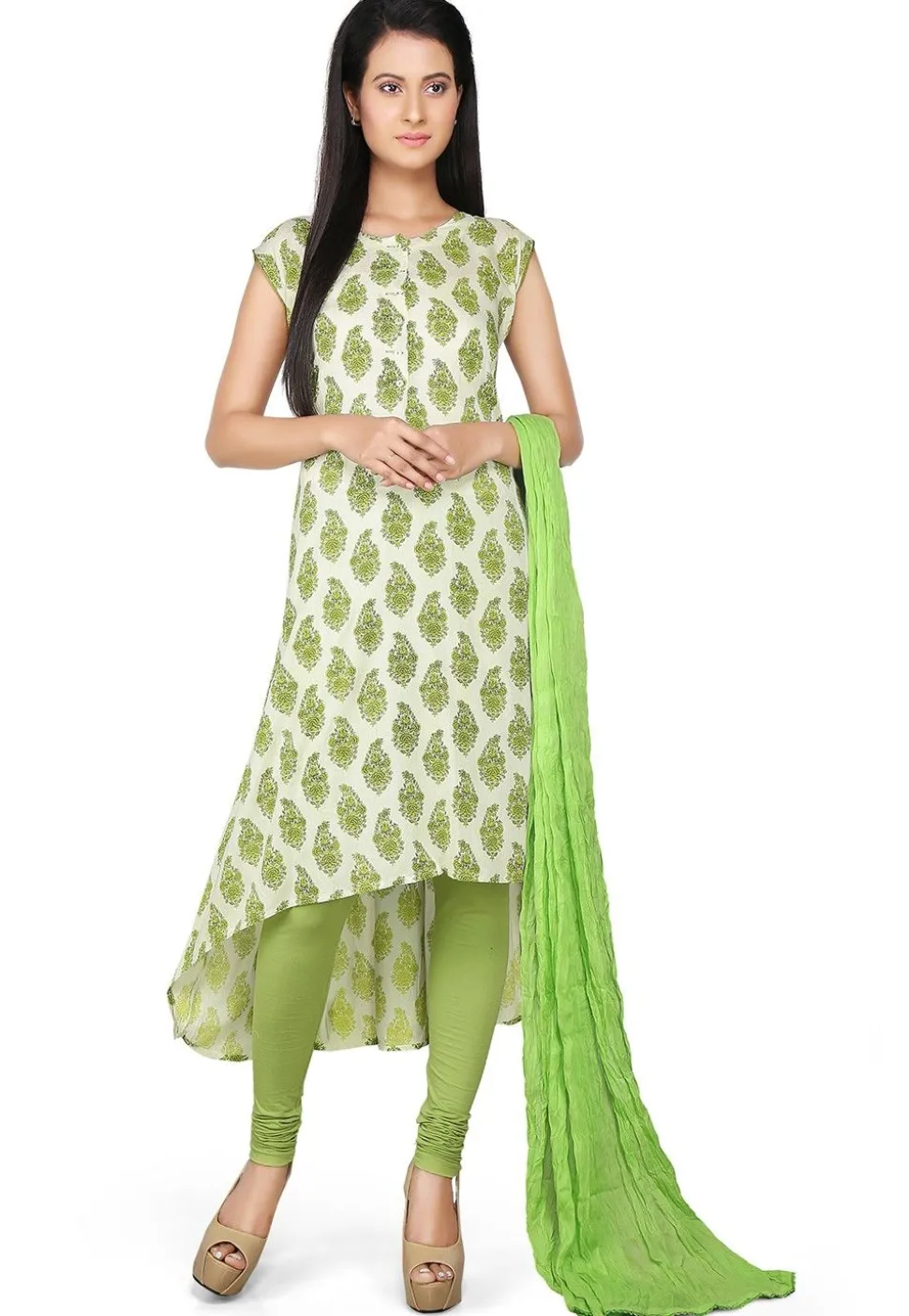 Printed Asymmetric A Line Rayon Suit in Off White and Green