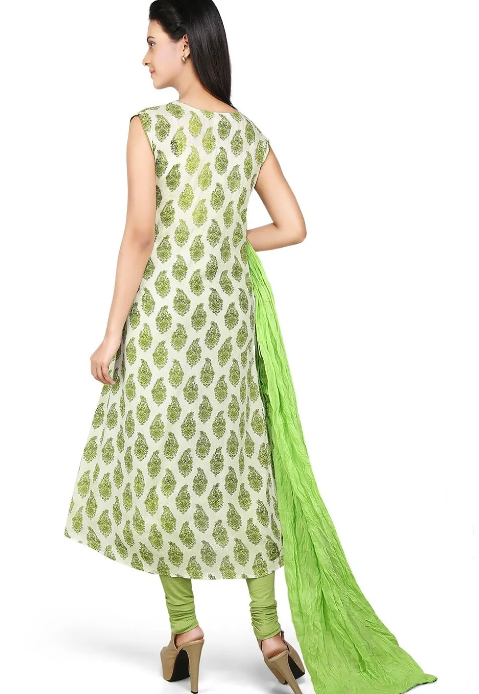 Printed Asymmetric A Line Rayon Suit in Off White and Green