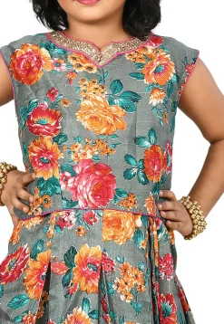 Printed Bhagalpuri Silk Crop Top in Grey