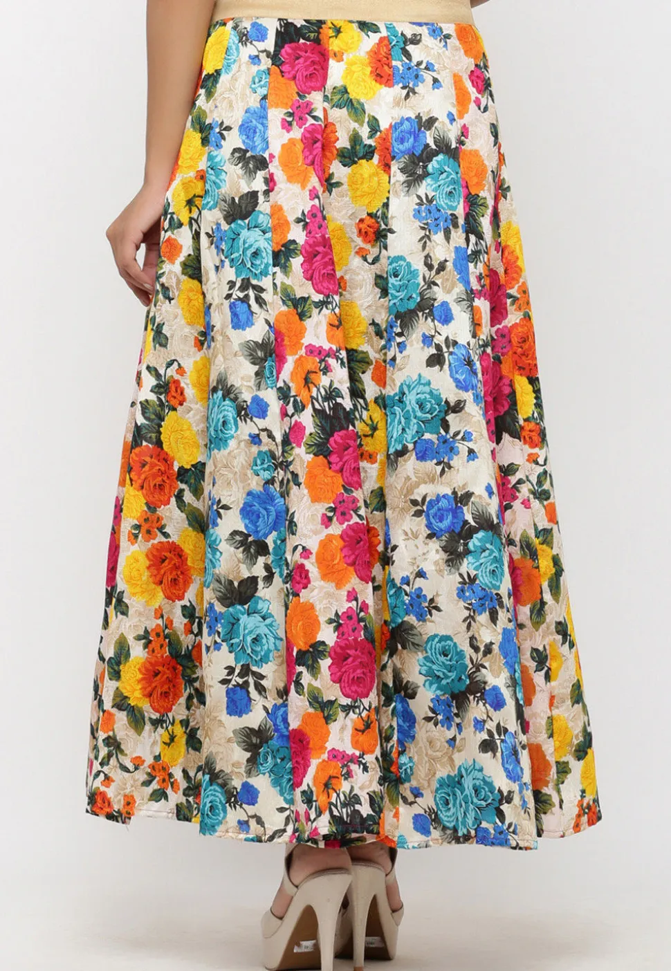 Printed Bhagalpuri Silk Long Skirt in Multicolor