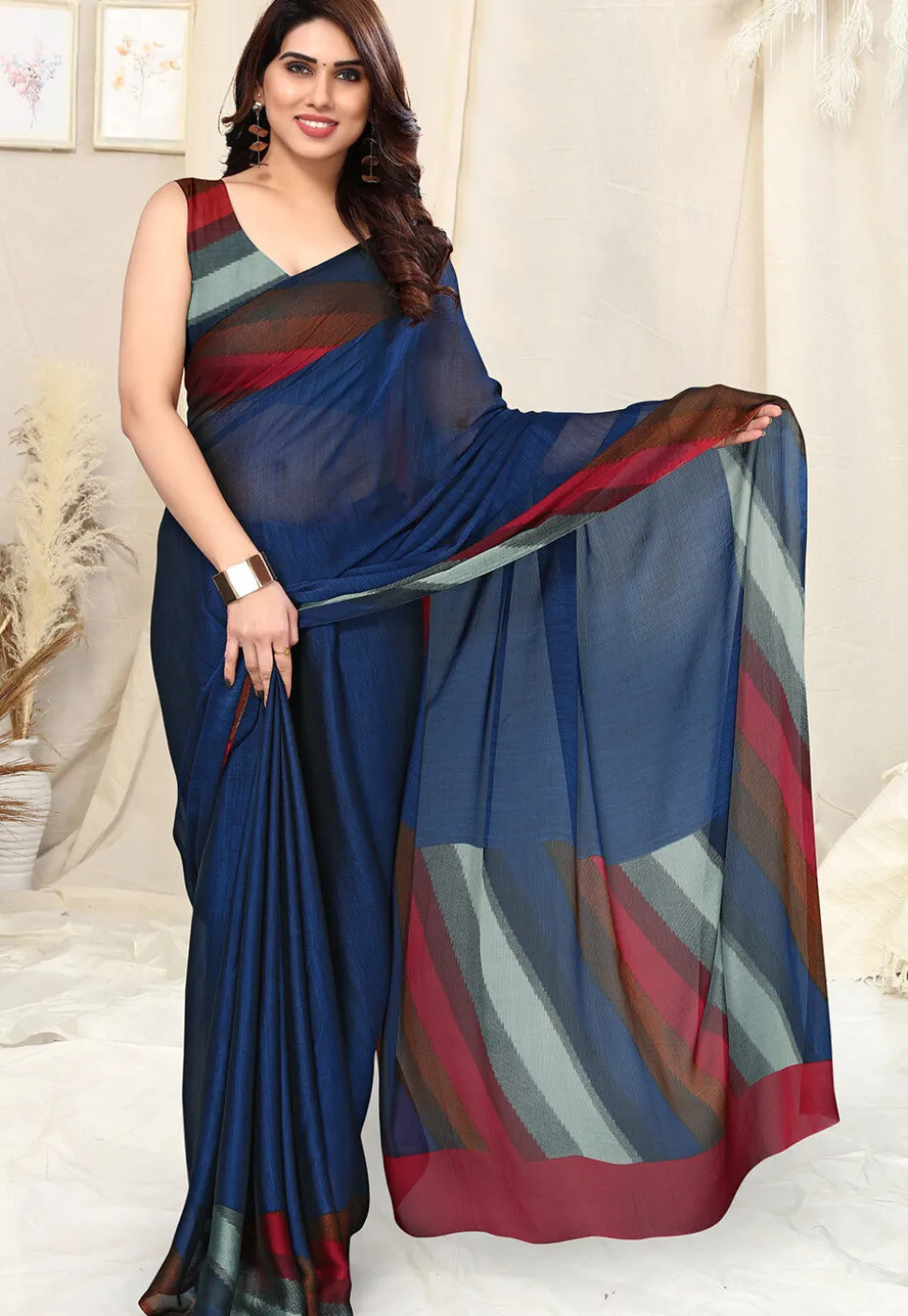 Printed Border Chiffon Saree in Blue