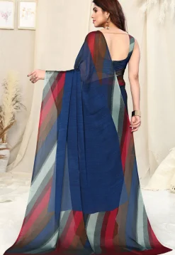 Printed Border Chiffon Saree in Blue