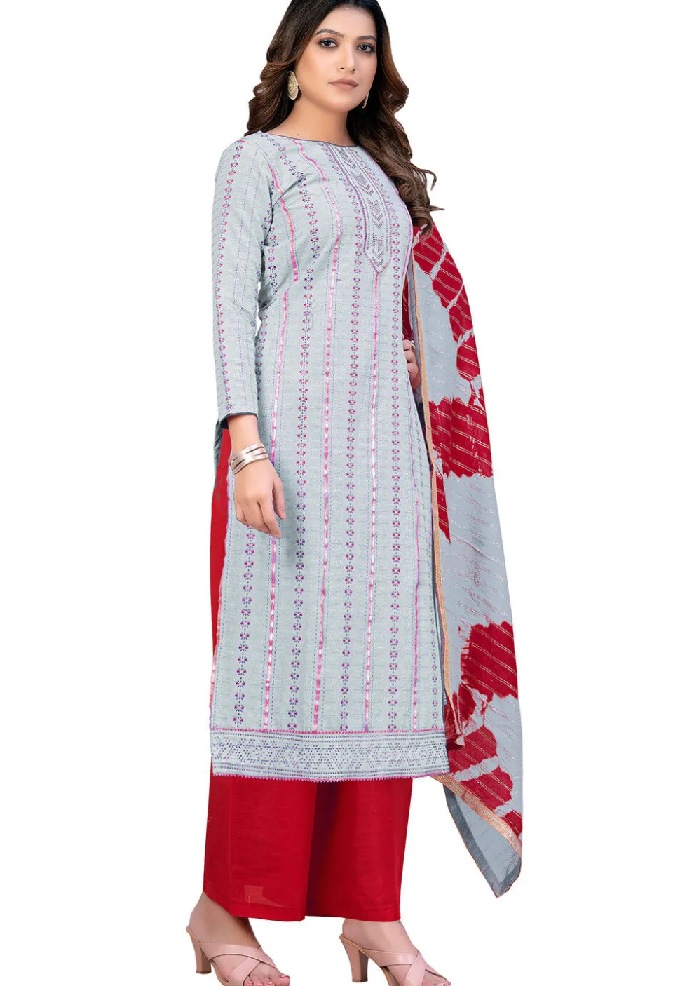 Printed Cambric Cotton Pakistani Suit in Grey