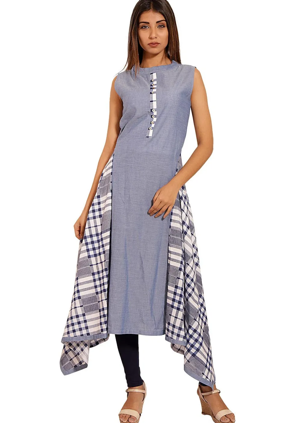Printed Chambray Side Drop Kurta in Sky Blue