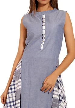 Printed Chambray Side Drop Kurta in Sky Blue