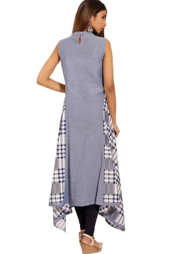 Printed Chambray Side Drop Kurta in Sky Blue