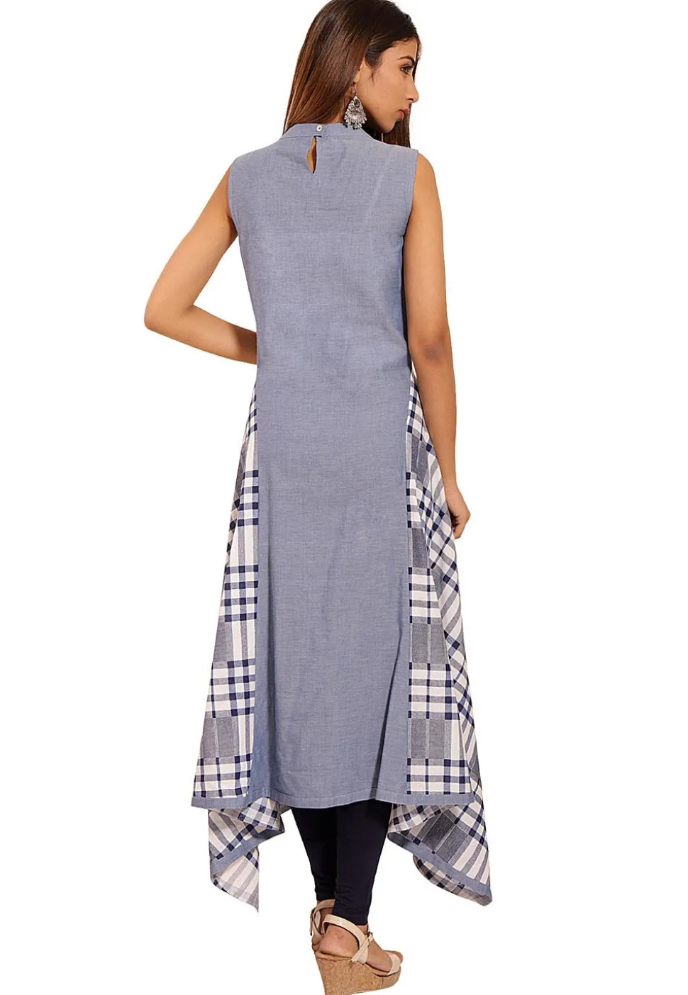 Printed Chambray Side Drop Kurta in Sky Blue